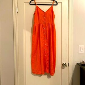 Orange midi dress elastic back MOP buttons linen perfect for layering